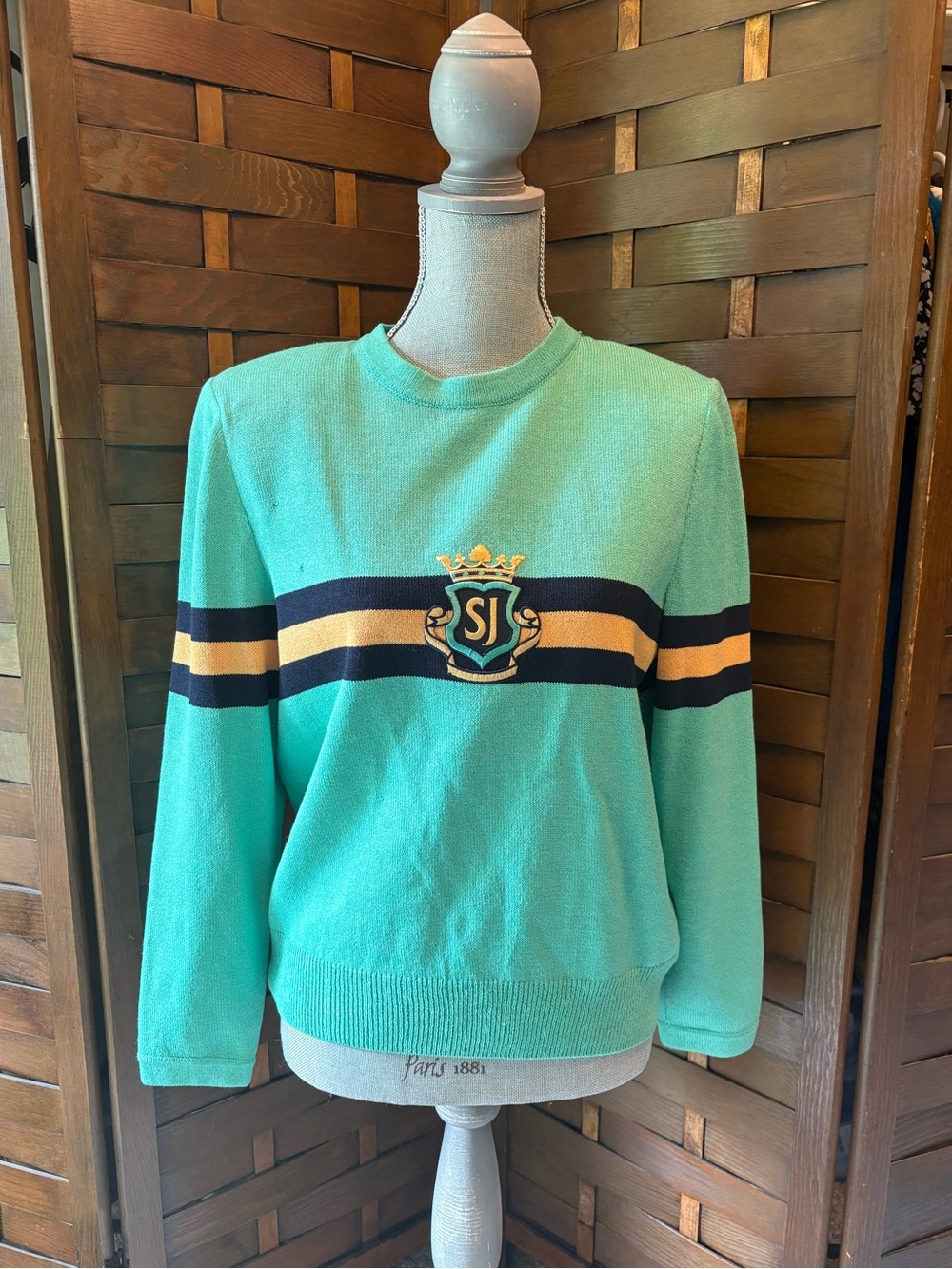 Vintage St. John Collection with embroidered crest 1980s teal striped size small